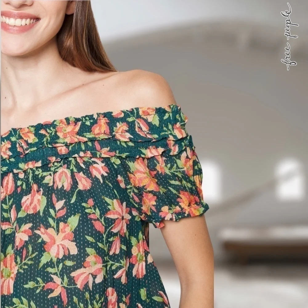 FREE PEOPLE Suki Floral Print Short-Puff-Sleeve Off-The-Shoulder Top MD NWT